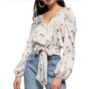 NWT TopShop Floral Polka Dot Satin Blouse Tie Front Shirt Size 14